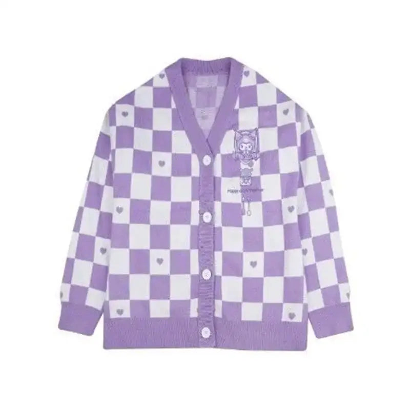 Checkered With Kawaii Embroidery Cardigan - Violet / S