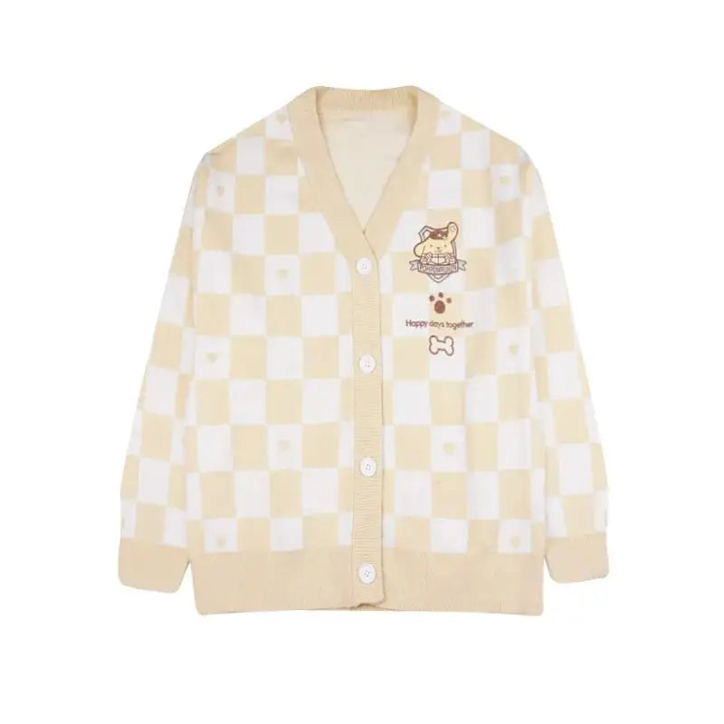 Checkered With Kawaii Embroidery Cardigan - Yellow / S