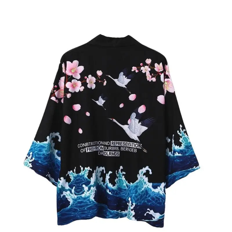 Cherry Blossom & Crane 3/4 Sleeve Kimono - Black / M