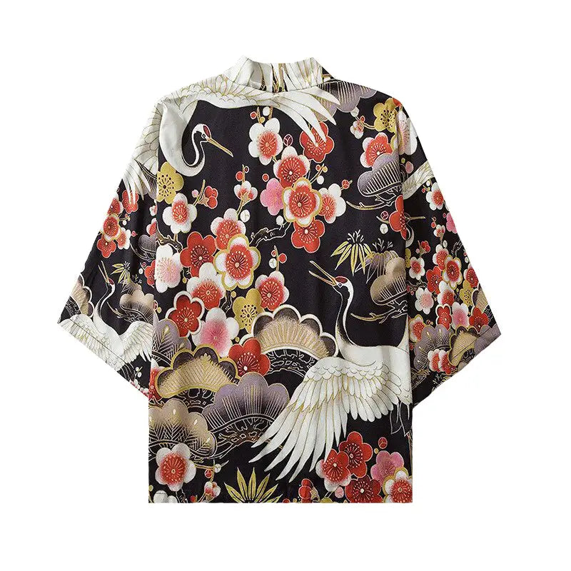 Cherry Blossom Cranes 3/4 Sleeve Kimono Black / M