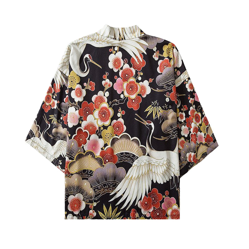 Cherry Blossom & Cranes 3/4 Sleeve Kimono - Black / M -