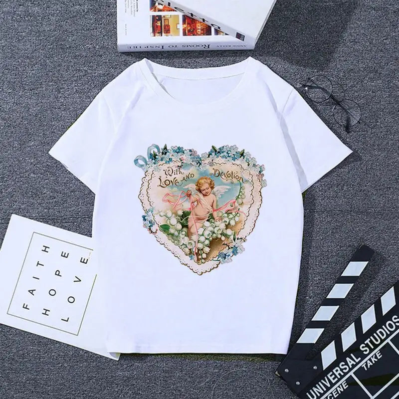 Cherubs Floral Heart T Shirt for Women Beige / S