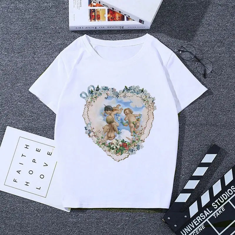 Cherubs Floral Heart T Shirt for Women Green / S