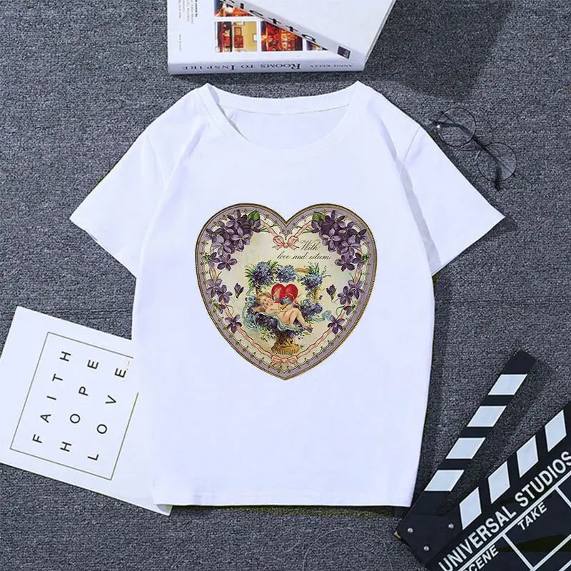 Cherubs Floral Heart T Shirt for Women Purple / S