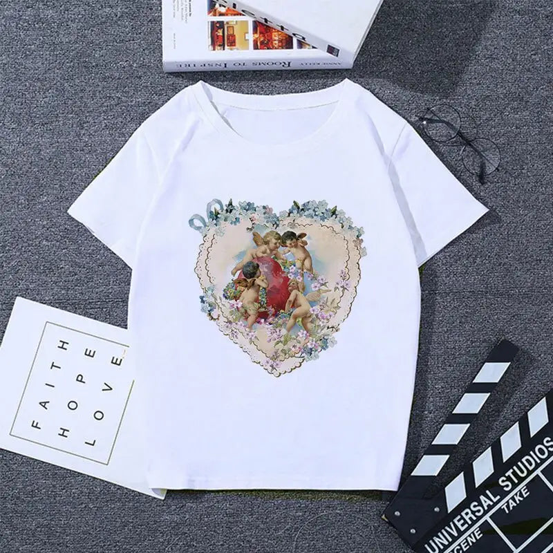 Cherubs Floral Heart T Shirt for Women Red / S