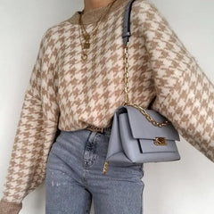 Chess O-Neck Knitted Sweater for Casual Wear Khaki / L