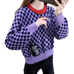 Chess Pattern Knitting Round Neck Sweater