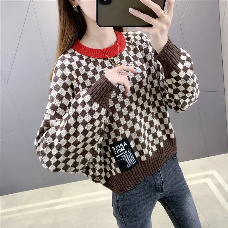 Chess Pattern Knitting Round Neck Sweater Coffee / One size