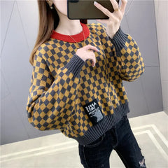 Chess Pattern Knitting Round Neck Sweater Yellow / One size