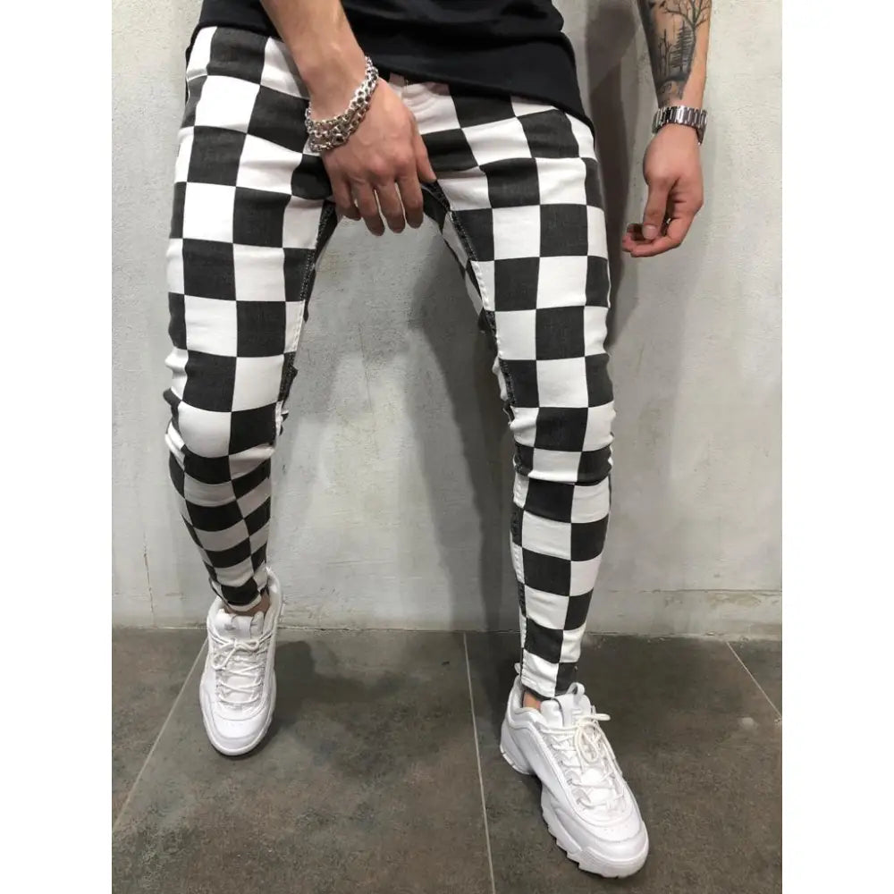 Chess Pattern Slim Black & White Pants - white / S
