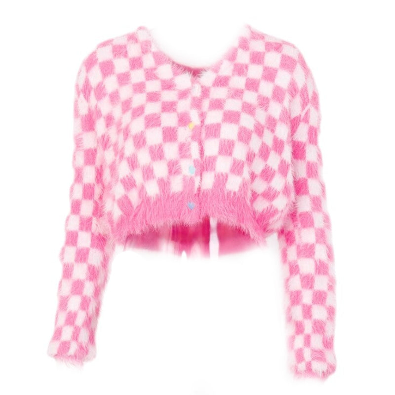 Chess Pattern Square Knitted Cardigan Sweater - Pink / S