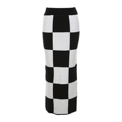Chessboard Slim-Fit Long Skirt