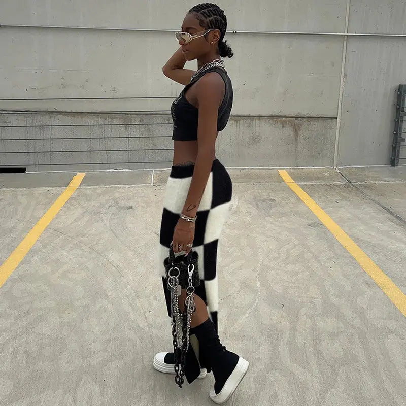 Chessboard Slim-Fit Long Skirt for Women