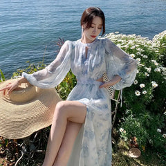 Chiffon Elegant Hollow Split Long Sleeve Dress