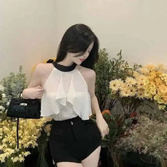 Chiffon Halter Turtleneck Sleeveless Blouse with Back Bow