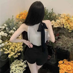 Chiffon Halter Turtleneck Sleeveless Blouse with Back Bow