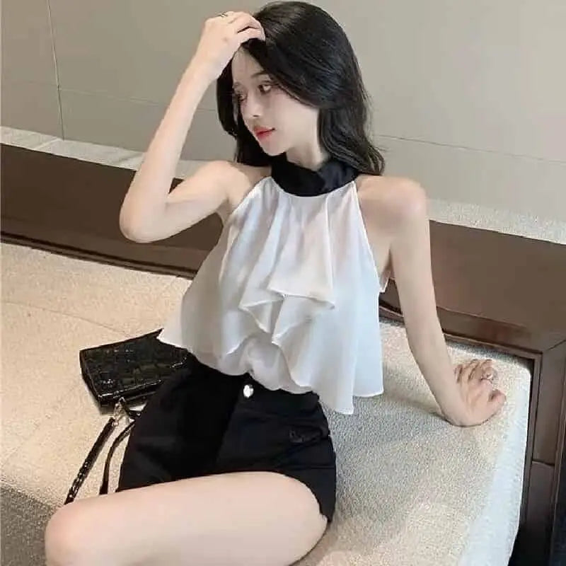Chiffon Halter Turtleneck Sleeveless Blouse with Back Bow