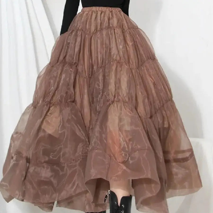 Chiffon High Waist Brown Ruffled Midi Skirt