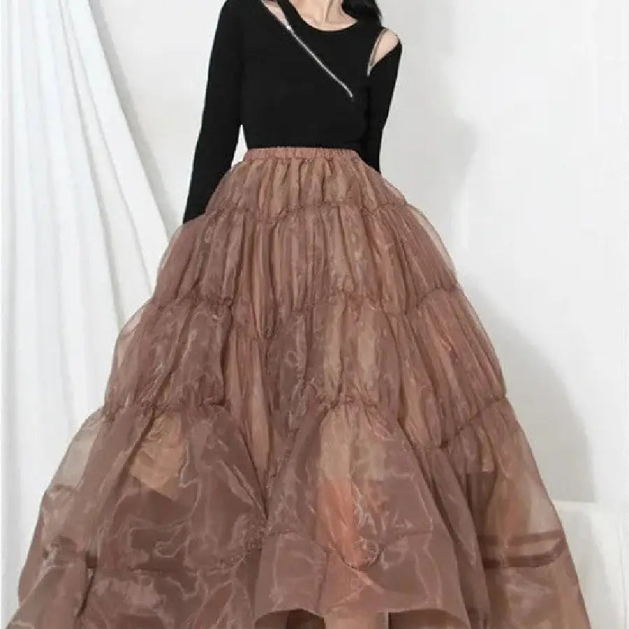 Chiffon High Waist Brown Ruffled Midi Skirt