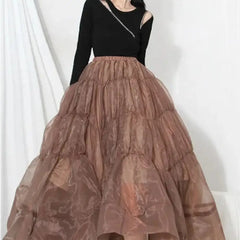 Chiffon High Waist Brown Ruffled Midi Skirt
