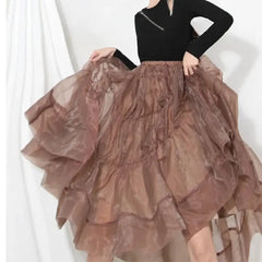 Chiffon High Waist Brown Ruffled Midi Skirt