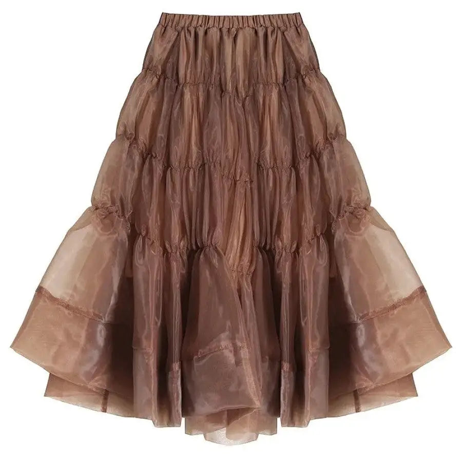 Chiffon High Waist Brown Ruffled Midi Skirt / S
