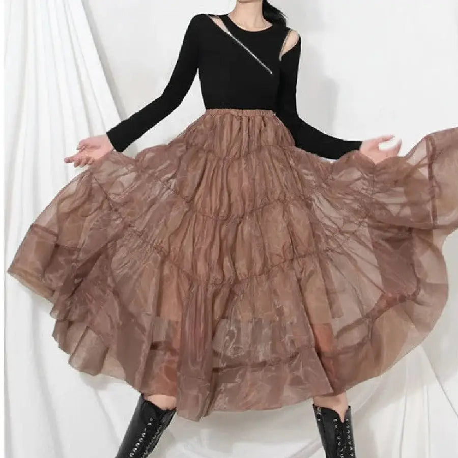 Chiffon High Waist Brown Ruffled Midi Skirts - Skirt