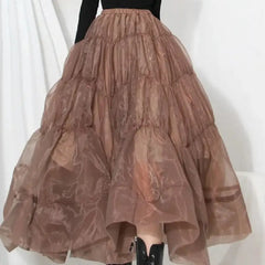 Chiffon High Waist Brown Ruffled Midi Skirts - Skirt