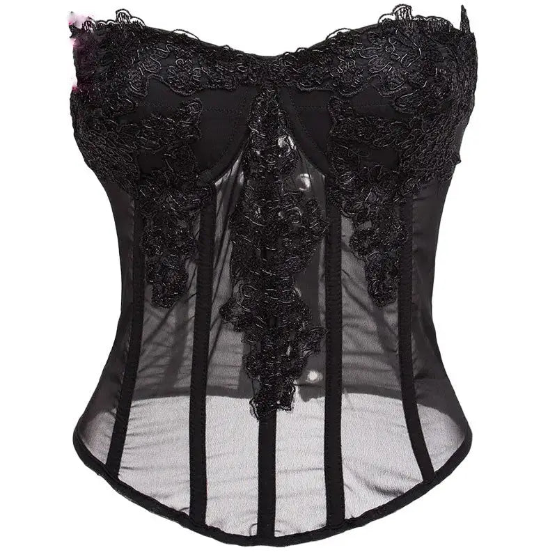 Chiffon Lace Applique Overbust Corset Top Black / S
