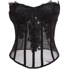Chiffon Lace Applique Overbust Corset Top Black / S