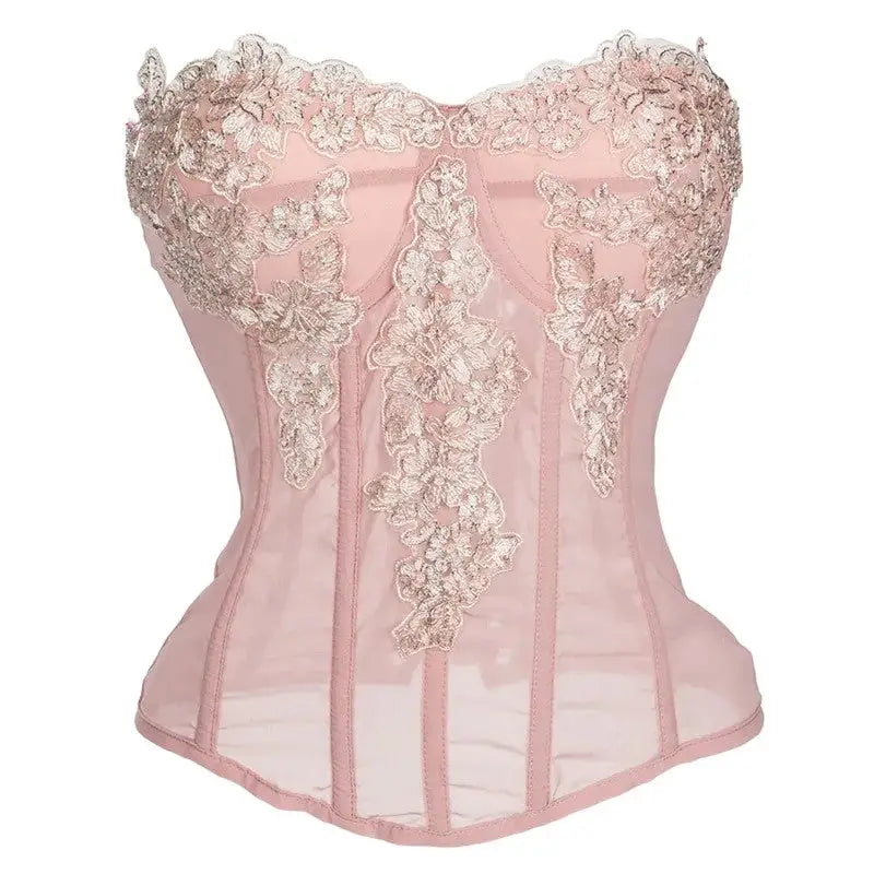 Chiffon Lace Applique Overbust Corset Top Pink / S
