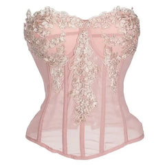 Chiffon Lace Applique Overbust Corset Top Pink / S