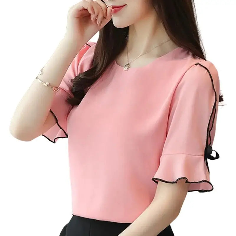 Chiffon O-Neck Bow Short Sleeve Blouse