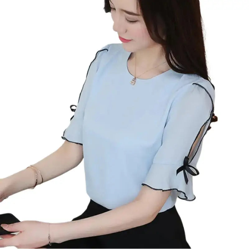 Chiffon O-Neck Bow Short Sleeve Blouse