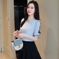 Chiffon O-Neck Bow Short Sleeve Blouse