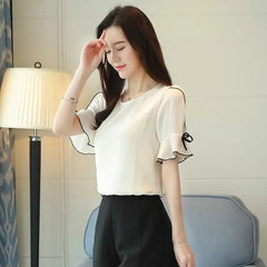 Chiffon O-Neck Bow Short Sleeve Blouse