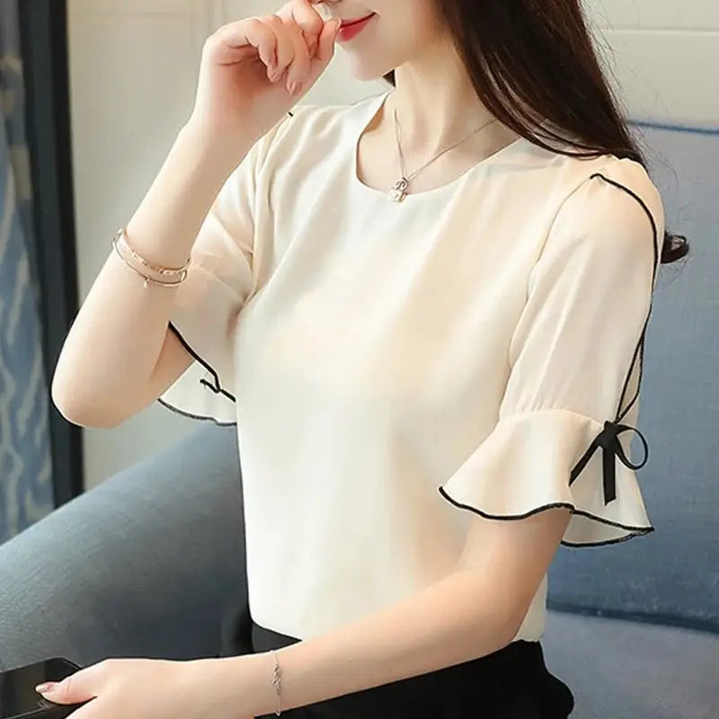 Chiffon O-Neck Bow Short Sleeve Blouse