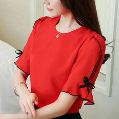 Chiffon O-Neck Bow Short Sleeve Blouse