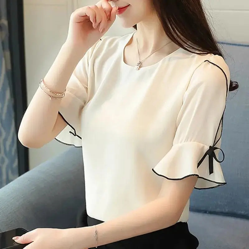 Chiffon O-Neck Bow Short Sleeve Blouse - Apricout / M