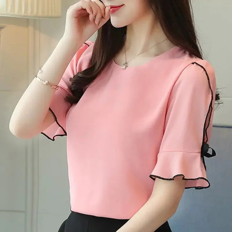 Chiffon O-Neck Bow Short Sleeve Blouse - Pink / M