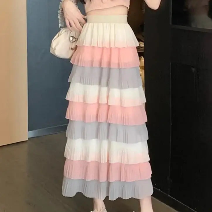 Chiffon Tiered Long Skirt High Waist Pleated Mid Calf