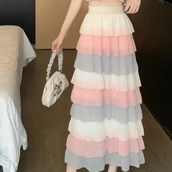 Chiffon Tiered Long Skirt High Waist Pleated Mid Calf