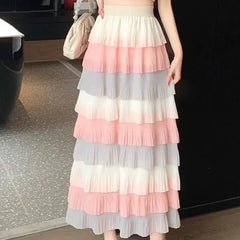 Chiffon Tiered Long Skirt High Waist Pleated Mid Calf