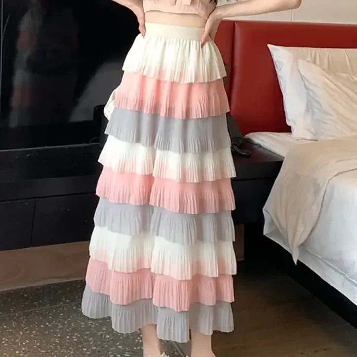 Chiffon Tiered Long Skirt High Waist Pleated Mid Calf