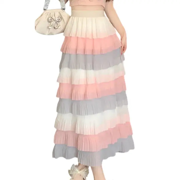 Chiffon Tiered Long Skirt High Waist Pleated Mid Calf Pink