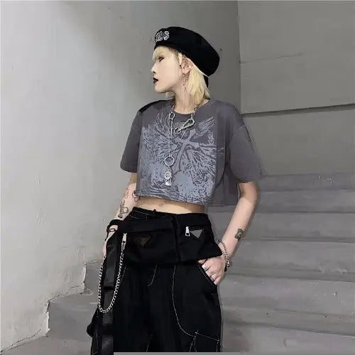 Children of Darkness Cross Crop Top - Grey / OneSize