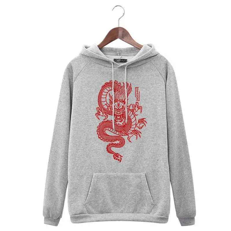 Chinese Dragon Harajuku Hoodie for Men and Women GreY / M
