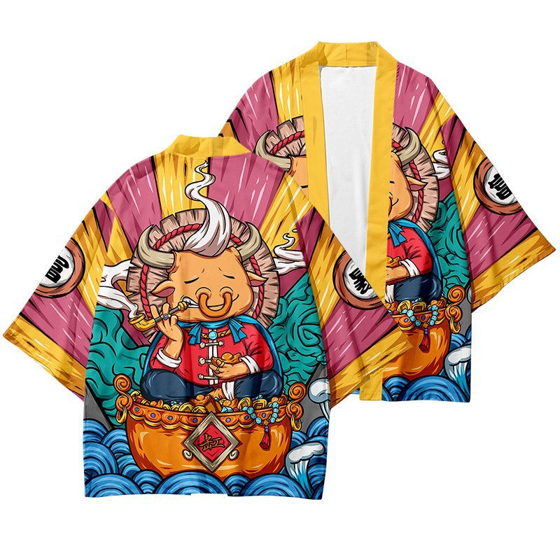 Chinese Sacred Animals 3/4 Sleeve Kimono - A / S / Red -