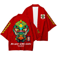 Thumbnail for Chinese Sacred Animals 3/4 Sleeve Kimono - H / S / Red -