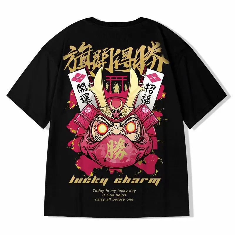 Chinese Style Lucky Daruma Oversized T-Shirts - Black. / M